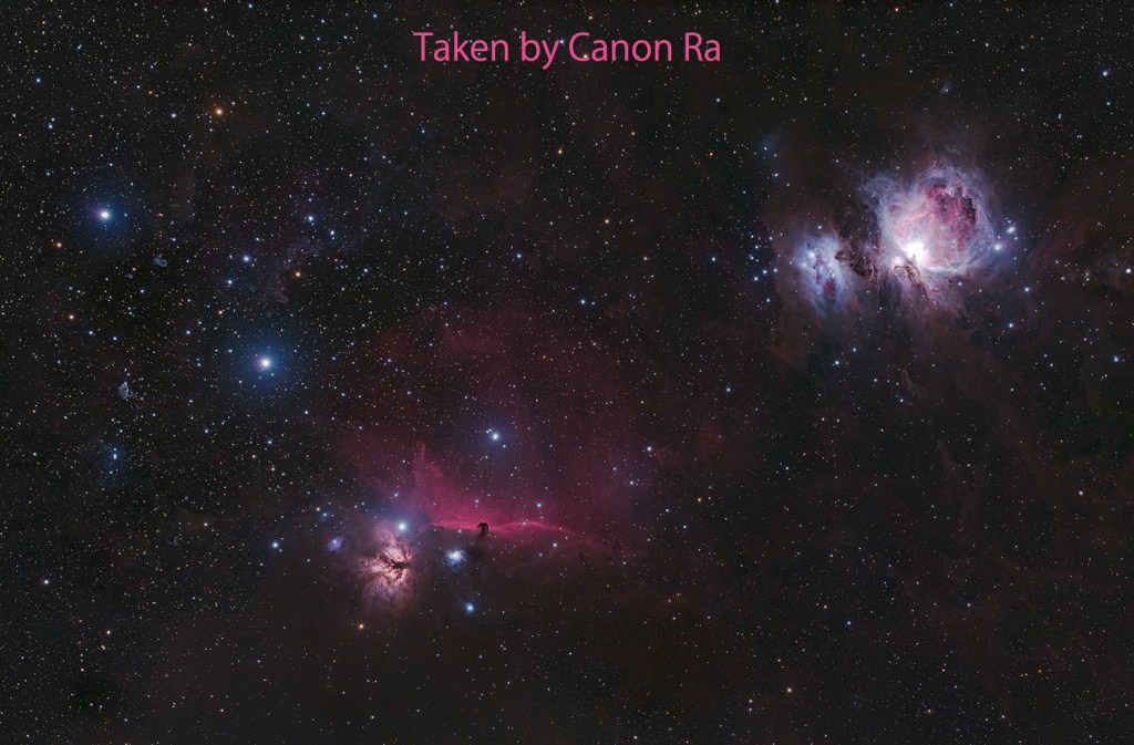 A stunning image of a starry sky featuring bright stars and colorful nebulae, with prominent celestial objects including the Orion nebula. Captured with a Canon Ra camera.