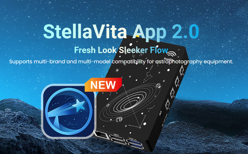 Graphic featuring the StellaVita App 2.0 with a sleek design, showcasing compatibility with various astrophotography equipment. Includes a new icon and text displaying its fresh look.