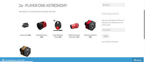 Product categories from Player One Astronomy featuring accessories, cooled cameras, filter wheels, guide cameras, and planetary cameras.